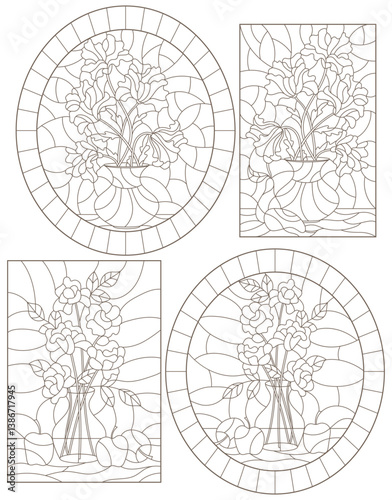 Set of contour illustrations of stained glass Windows with still lifes, poppies and roses dark outlines on a white background