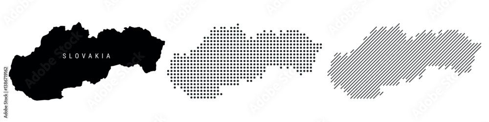 Obraz premium Slovakia silhouette map and two patterns of dots and slanted lines. Flat vector illustration isolated on white