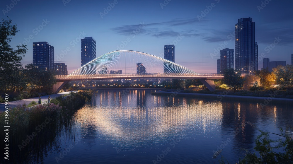 Naklejka premium modern bridge with glowing LED lights highlighting its steel cables, creating a futuristic ambiance over a calm river.