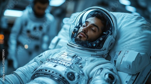 Indian doctor treating a space traveler suffering from microgravity-related health issues, futuristic space medicine research