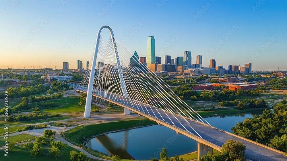Obraz premium modern cable-stayed bridge, its steel cables forming elegant patterns against a backdrop of a vibrant urban skyline.