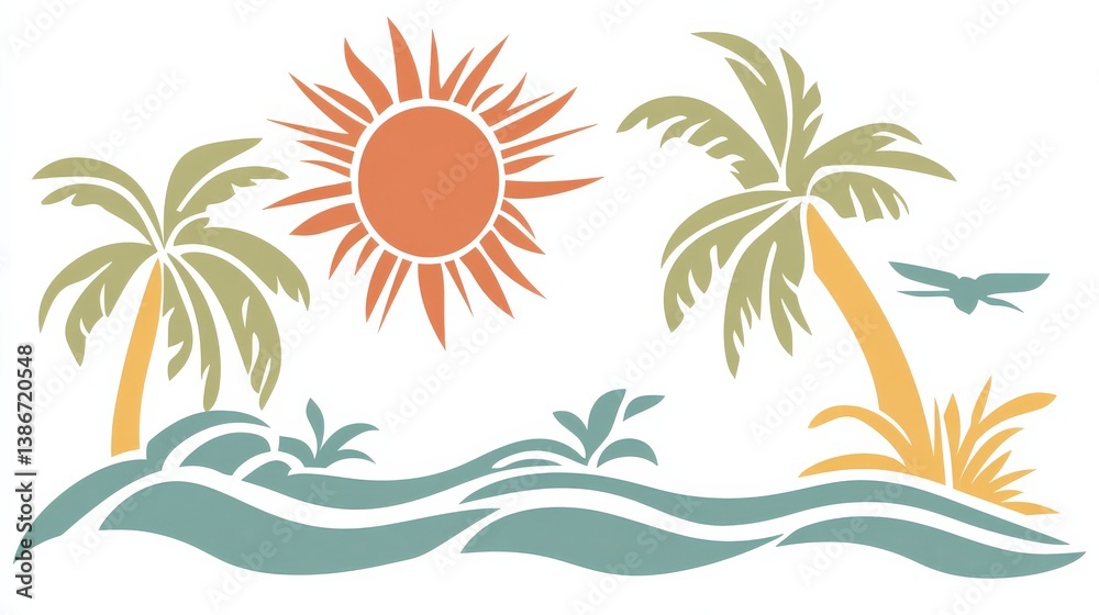 Fototapeta premium Tropical Scene with Sun, Palm Trees and Exotic Plants in Waves
