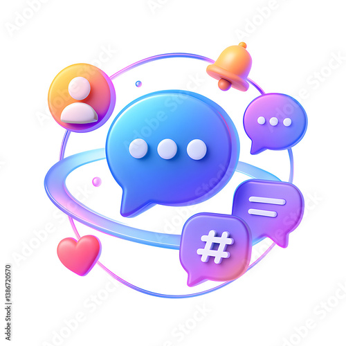3D social message PNG icon isolated on transparent background – chat bubble, user avatar, heart, and hashtag in orbit layout.
