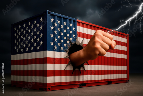  Defiant Fist Bursting from U.S. Flag Shipping Container Under Stormy Sky, Symbol of Trade Conflict and Economic Power