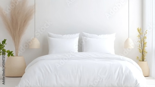 Minimalist bedroom with white bedding and natural accents