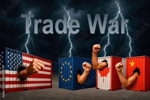 Tariff War, Trade War, Showdown Between Nations, Storm, Shipping containers, Fists, Elbows Up