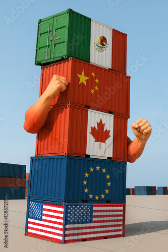  Trade War, Tariff, Elbow's Up, Canada, Stacked Shipping Containers, Global Flags, Global Trade Symbolism