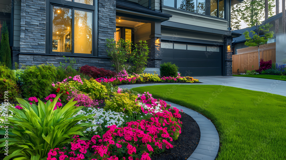 Obraz premium Luxurious Home Exterior with Vibrant Garden: A lavish, modern home exterior showcases a beautifully landscaped garden bursting with colorful blossoms, lush greenery, and meticulous design.