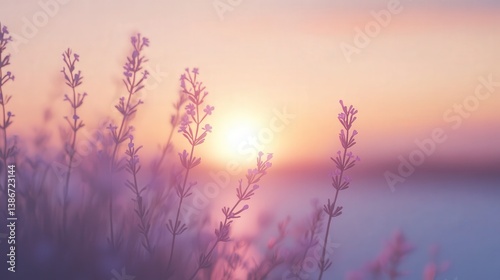 peaceful banner featuring soft focus lavender flowers with the warm glow of a sunset in the background.