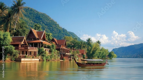 long-tailed boat cruising on the Mekong River, framed by traditional Thai stilt houses and swaying palm trees.