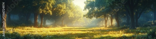 Vibrant panoramic forest scene in spring with sunlight filtering through lush trees and soft shadows