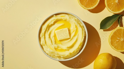 A bowl of creamy mashed potatoes with a pat of butter. Featuring comfort and simplicity