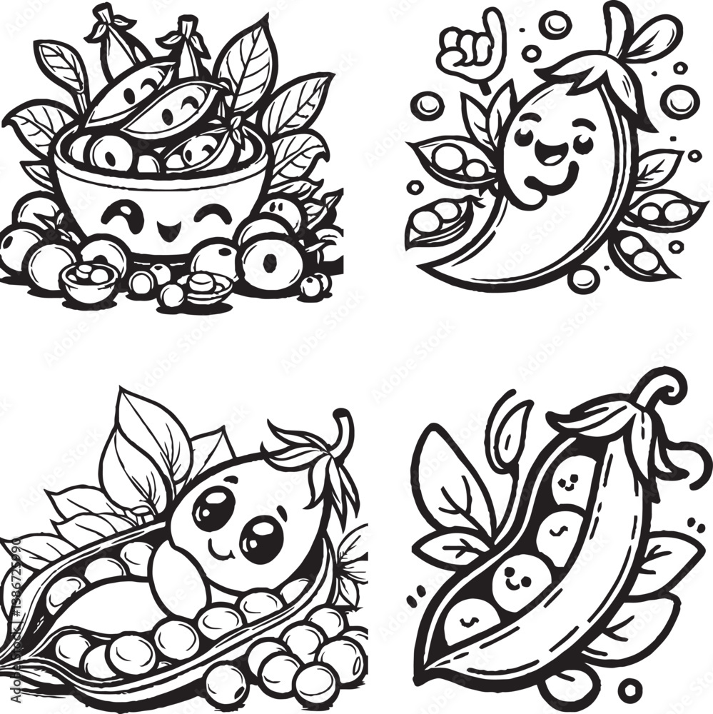 Obraz premium Playful Pea Illustrations – Fun Black-and-White Anthropomorphic Designs