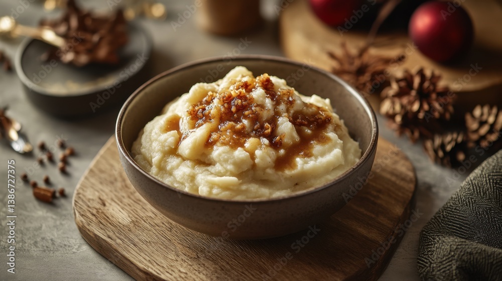 A bowl of creamy mashed potatoes with gravy. Featuring comfort and richness A bowl of creamy mashed potatoes with gravy. Featuring comfort and richness