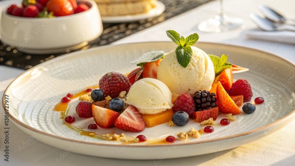 Gourmet Dessert with Ice Cream and Fresh Berries Gourmet Dessert with Ice Cream and Fresh Berries
