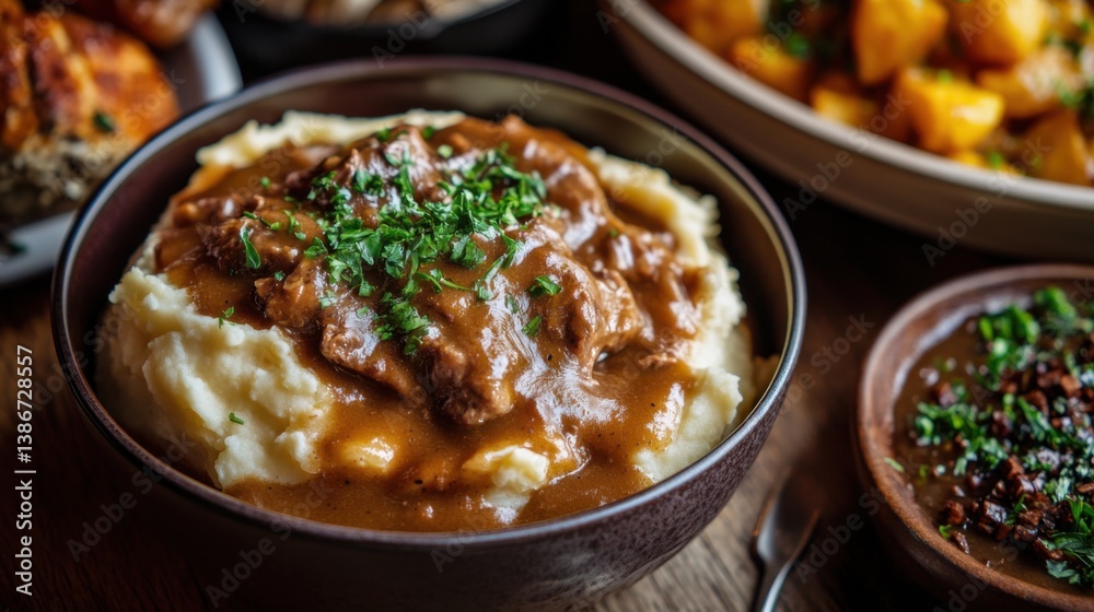 A bowl of creamy mashed potatoes with gravy. Featuring comfort and richness A bowl of creamy mashed potatoes with gravy. Featuring comfort and richness
