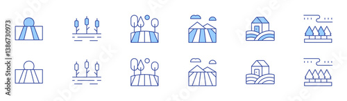 Rural icon set in two styles, Duotone and Thin Line style. Editable stroke. field, lake, farm, taiga