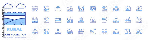 Rural icons collection. Line Duotone style, editable stroke. machair, house, field, tent, farm, swamp, lake, seeding, country, savannah, mountain, rainforest, taiga
