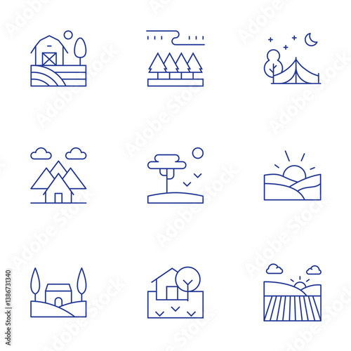 Rural icons set. Thin Line style, editable stroke. taiga, savannah, country, farm, picnic, house, fields, landscape, field