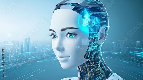 A futuristic AI assistant on a digital banking screen, warning a user about a potential overdraft