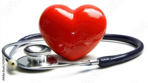 Red heart model with stethoscope.