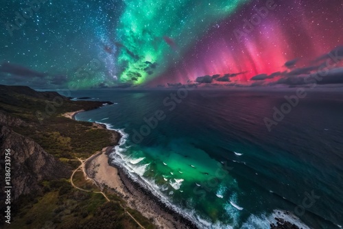Aurora Borealis Over Ocean Coastline