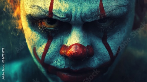 Scary clown face with red makeup and intense stare. photo