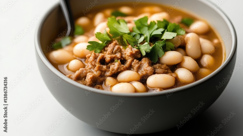 A gray bowl holds a hearty stew of white beans and ground meat, garnished with fresh parsley. The composition is close-up, focusing on the food. The image is high-quality with good lighting, showcas A gray bowl holds a hearty stew of white beans and ground meat, garnished with fresh parsley. The composition is close-up, focusing on the food. The image is high-quality with good lighting, showcas