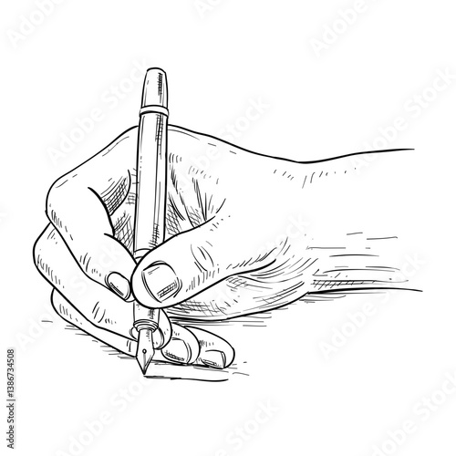 hand holding fountain pen vector line art hand drawn illustration