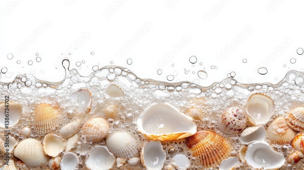 Seashells in Bubble Foam on Sandy Beach Background Seashells in Bubble Foam on Sandy Beach Background