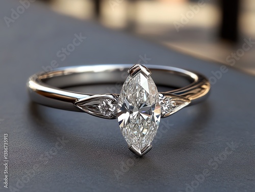 Marquise diamond with a platinum band and delicate floral accents