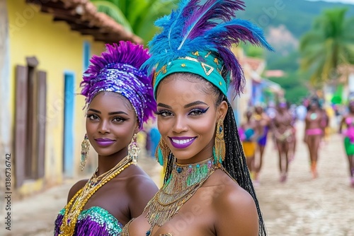 A lively Carnival parade in Trinidad, with costumed dancers covered in feathers and sequins