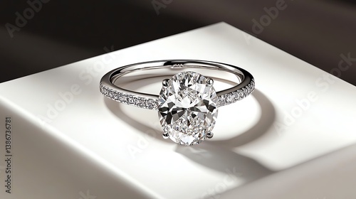 Oval solitaire ring with pave detailing on a sleek white surface