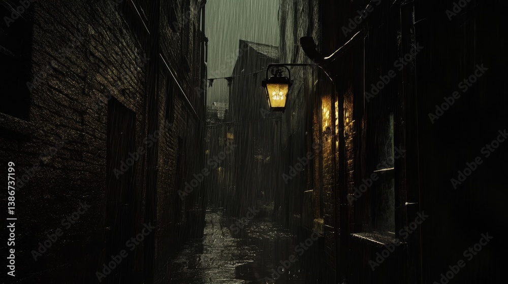 Obraz premium Dark alleyway with buildings and a glowing lantern.
