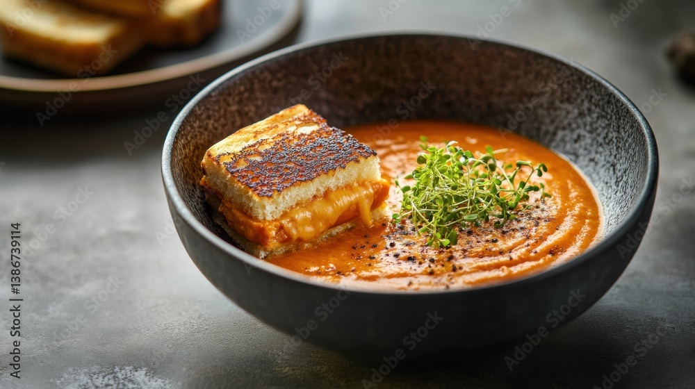A bowl of creamy tomato soup with a grilled cheese sandwich. Featuring warmth and comfort A bowl of creamy tomato soup with a grilled cheese sandwich. Featuring warmth and comfort