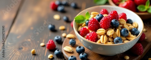 A bowl of healthy protein carb cereal with fresh berries and nuts on wooden background for a delicious breakfast, nuts, food