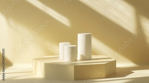 Wallpaper Mural Minimalist beige podium display with cylinder objects, sunlit studio shot, ideal for product presentation Torontodigital.ca