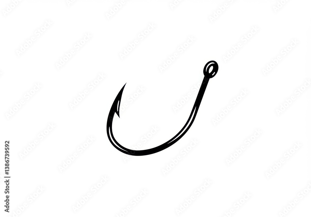 A simple black and white image showcasing a fishing hook with a sharp point and a rounded eyelet end A simple black and white image showcasing a fishing hook with a sharp point and a rounded eyelet end