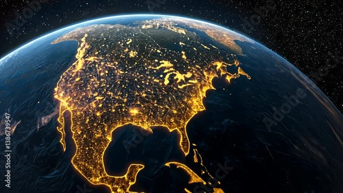 Aerial View of North America Night City Lights Illuminate Earth’s Geography