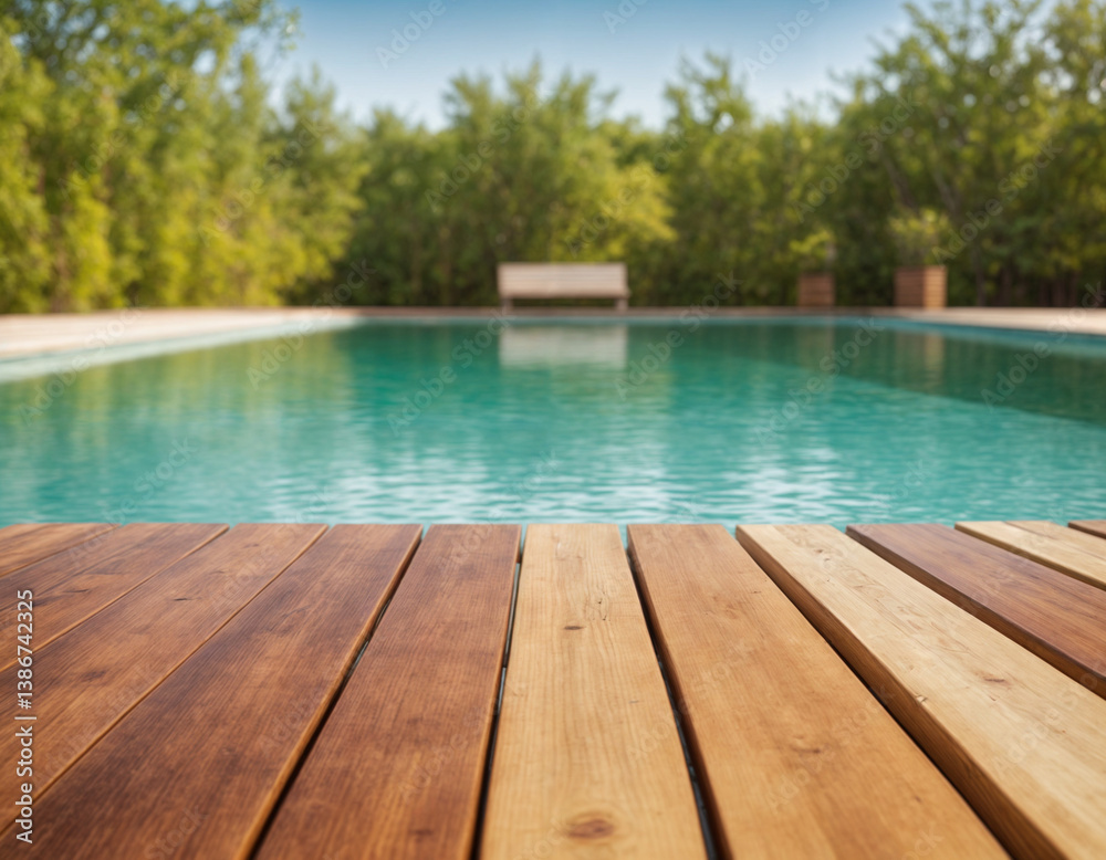 Wooden board empty table background. abstract blurred swimming pool background Wooden board empty table background. abstract blurred swimming pool background
