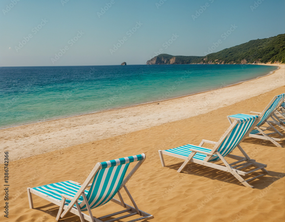 Beach deckchairs with umbrellas on Sunny Beach Beach deckchairs with umbrellas on Sunny Beach