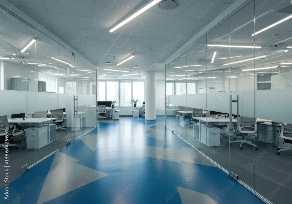 Obraz premium A view of a modern office space with glass walls and blue and gray patterned flooring and white furniture