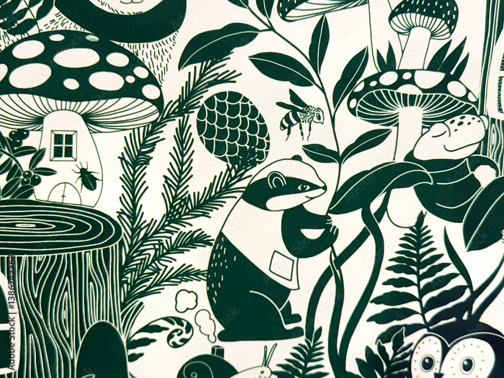 Close up of random illustration about wild animal panda and owl, with leaves, trees, giant mushrooms, and stump. Forest jungle wildlife illustration in green and white color. Close up of random illustration about wild animal panda and owl, with leaves, trees, giant mushrooms, and stump. Forest jungle wildlife illustration in green and white color.