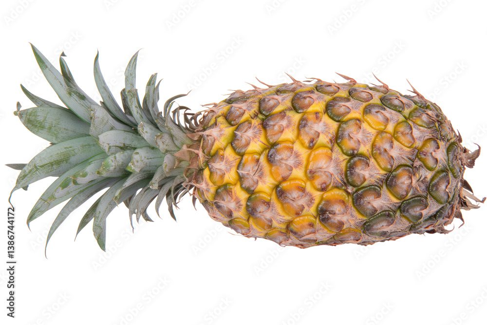 Fresh and vibrant pineapple, fully ripened with a rich yellow hue and a healthy green crown, isolated on a pure white background to emphasize its natural beauty Fresh and vibrant pineapple, fully ripened with a rich yellow hue and a healthy green crown, isolated on a pure white background to emphasize its natural beauty