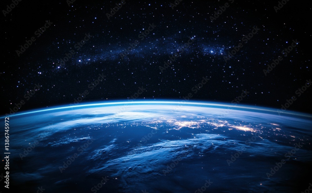 Obraz premium Stunning Night View of Earth from Space with City Lights Illuminating the Horizon - Astral Beauty and Urban Contrast