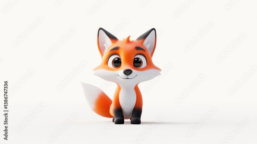 Adorable Cartoon Fox Bright Style High-resolution Render Front View Fluffy Tail Sitting Pose White Background Warm Orange Tones Ideal for Childrens Books Adorable Cartoon Fox Bright Style High-resolution Render Front View Fluffy Tail Sitting Pose White Background Warm Orange Tones Ideal for Childrens Books