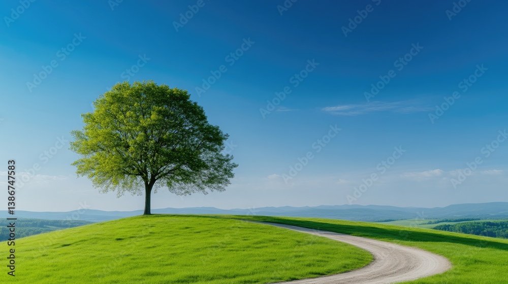 A lone tree stands on a grassy hill. A dirt road curves gently through the landscape. The image boasts high resolution and vibrant colors. Its style is serene and peaceful, evoking a calm mood. The b A lone tree stands on a grassy hill. A dirt road curves gently through the landscape. The image boasts high resolution and vibrant colors. Its style is serene and peaceful, evoking a calm mood. The b