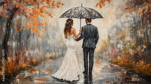 Romantic wedding couple sheltered by umbrella in autumn rain painting