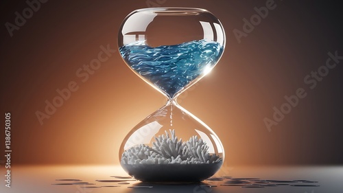 Hourglass with Ocean in Top Half and Dead Coral at Bottom Highlighting Vanishing Marine Life and Urgency of Climate Action