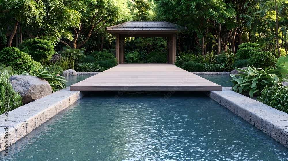 Serene garden oasis with pond and covered pavilion